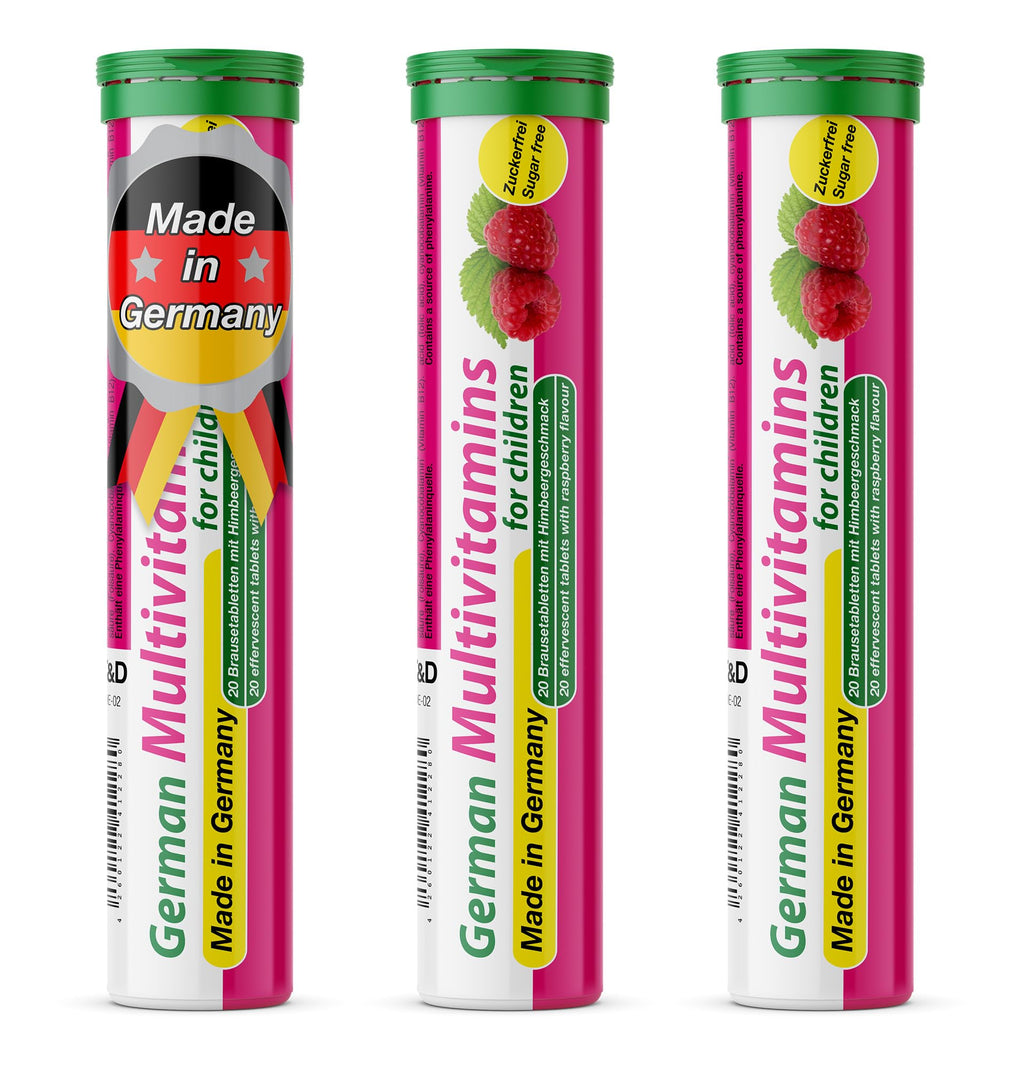 T&D German Multivitamin for Children 60 Drink Effervescent Tablets - Sweet Raspberry Flavour, Sugar Free, Vegan - Vitamin C, E, B1, B2, B6, B12, Folic Acid, Niacin Pharma – Made in Germany - FENGGESTORE20
