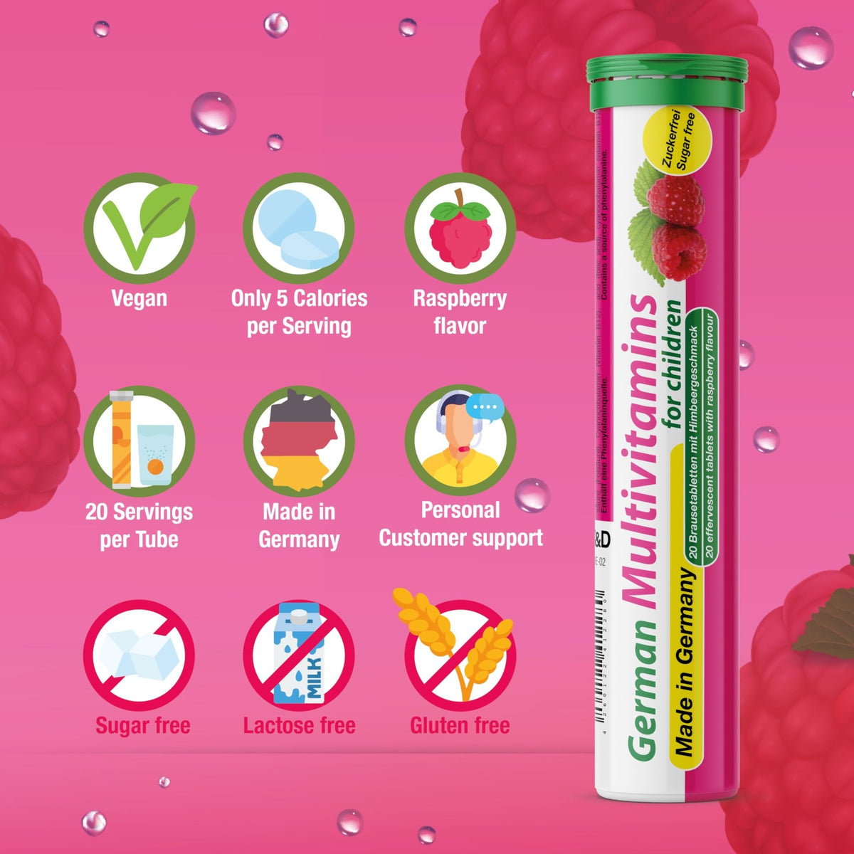 T&D German Multivitamin for Children 60 Drink Effervescent Tablets - Sweet Raspberry Flavour, Sugar Free, Vegan - Vitamin C, E, B1, B2, B6, B12, Folic Acid, Niacin Pharma – Made in Germany - FENGGESTORE20