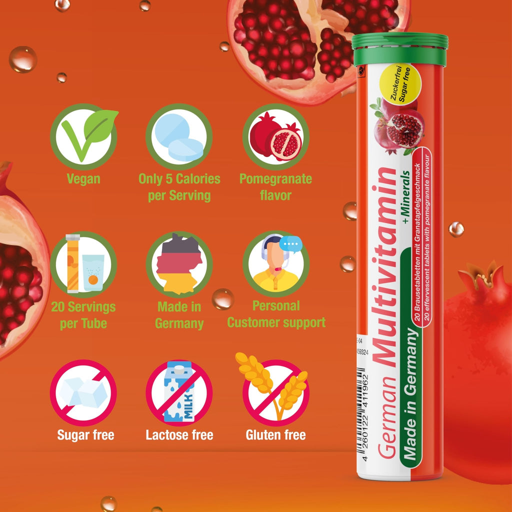 T&D German Multivitamin + Mineralien Drink Effervescent Tablets 60 Servings Pomegranate Flavour – 10 Vitamins + 2 Minerals – Made in Germany - FENGGESTORE20