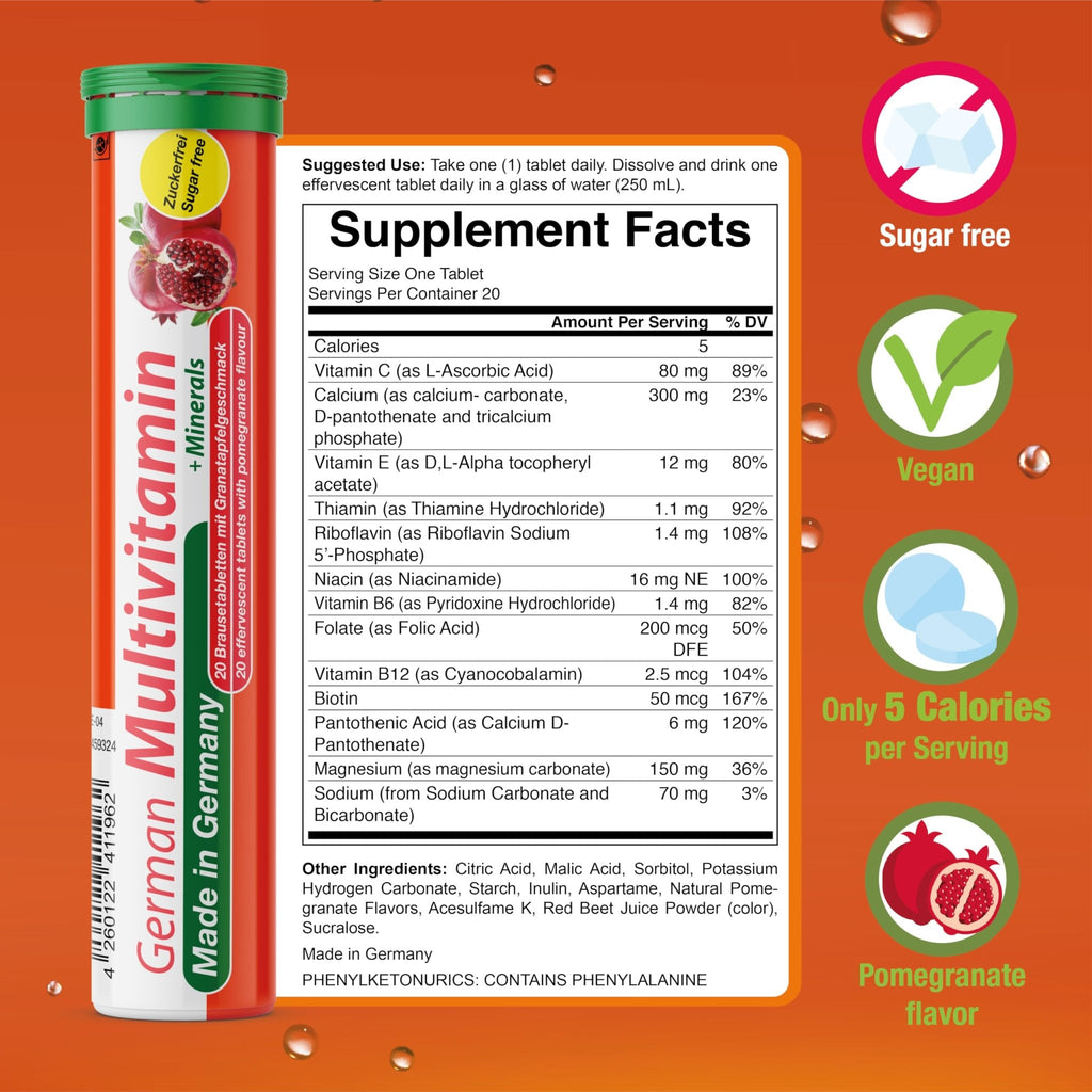T&D German Multivitamin + Mineralien Drink Effervescent Tablets 60 Servings Pomegranate Flavour – 10 Vitamins + 2 Minerals – Made in Germany - FENGGESTORE20