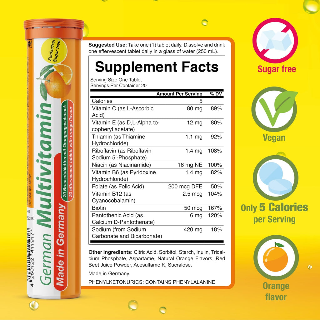 T&D German Multvitamin 10 Vitamins - 40 Vegan Drink Effervescent Tablets - Orange Flavor - Made in Germany - FENGGESTORE20