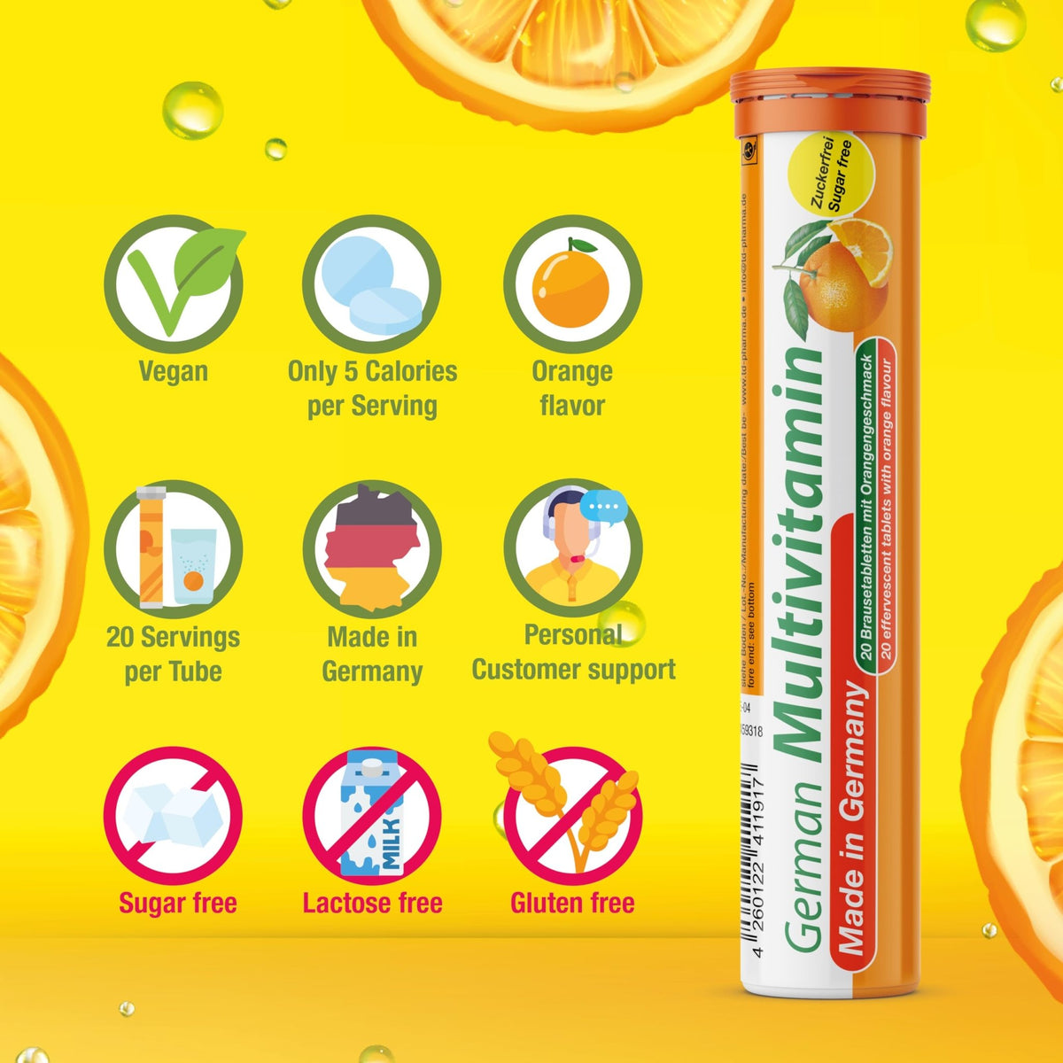 T&D German Multvitamin 10 Vitamins - 40 Vegan Drink Effervescent Tablets - Orange Flavor - Made in Germany - FENGGESTORE20