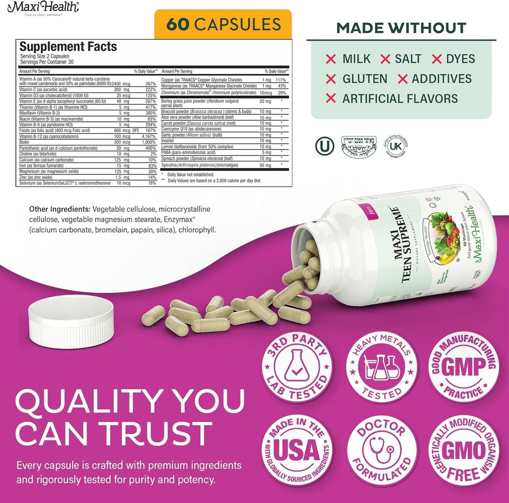 Teen Vitamins for Girls 12-17 - Teen Multivitamin Supreme with D3, Iron, Calcium, Biotin, Digestive Enzymes – Teenager Girl Multi Vitamins for Energy, - FENGGESTORE20