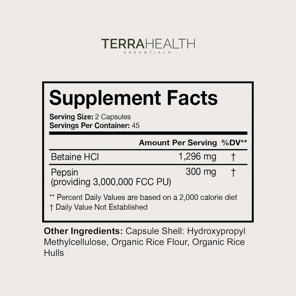 Terra Health Essentials Reflux Inhibitor - Digestive Supplement for Stomach Comfort, Acid Balance & Nutrient Absorption - Betaine HCL with Pepsin - FENGGESTORE20