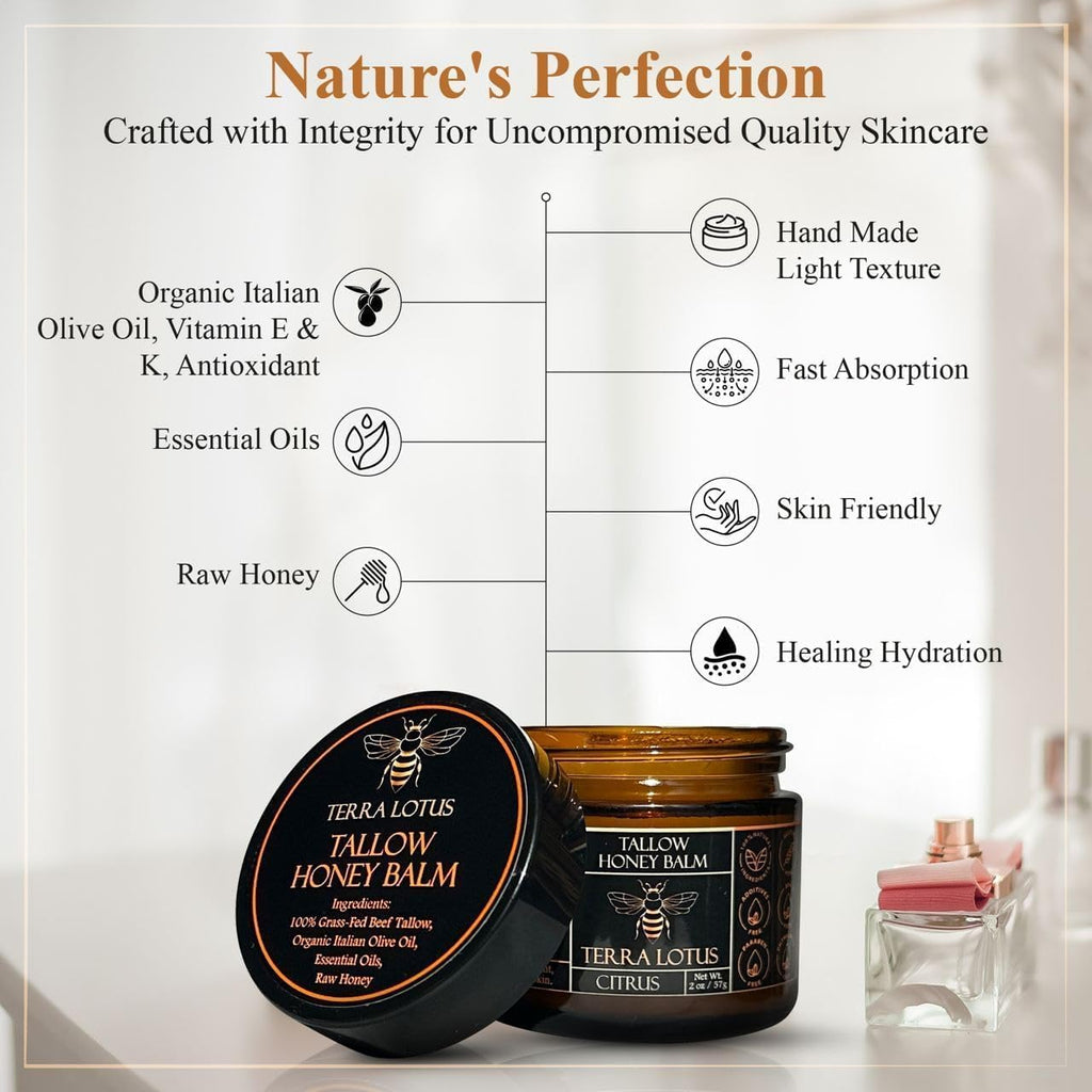 Terra Lotus - Organic Grass-Fed Beef Tallow Balm with Raw Honey - Moisturizing Cream - FENGGESTORE20
