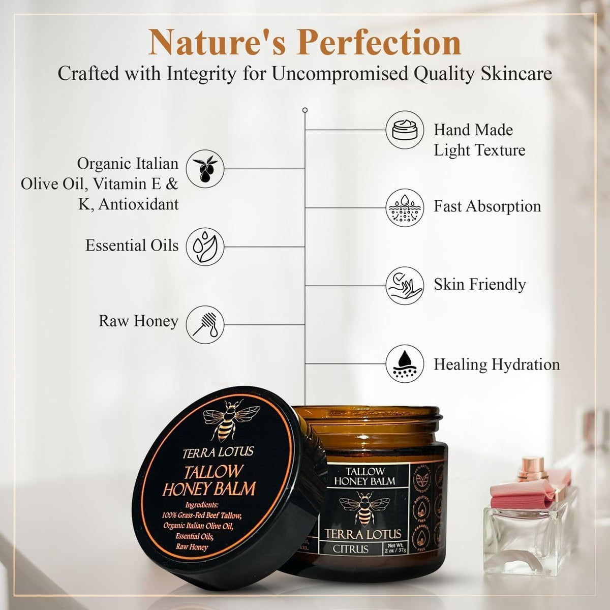 Terra Lotus - Organic Grass-Fed Beef Tallow Balm with Raw Honey - Moisturizing Cream - FENGGESTORE20