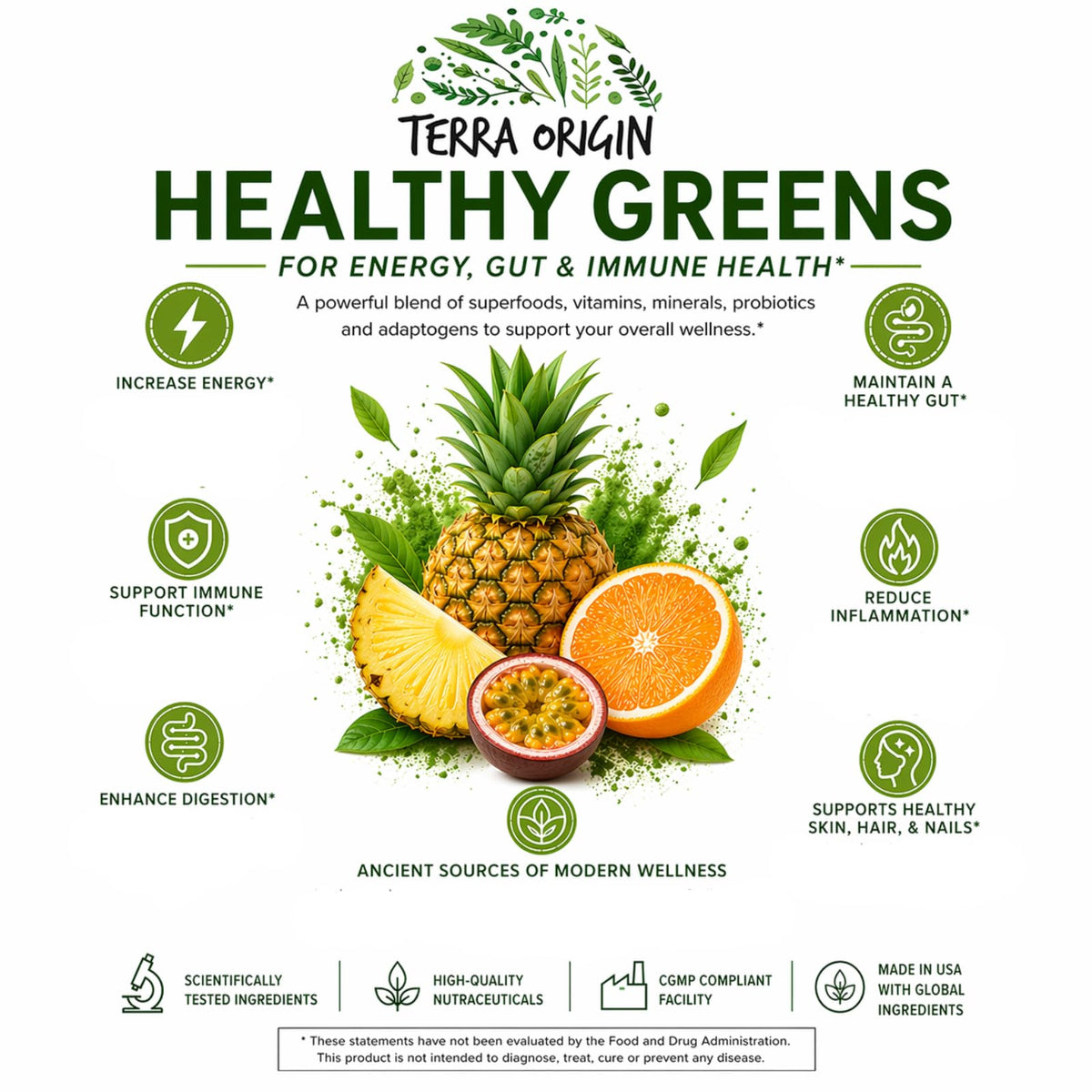 TERRA ORIGIN Healthy Greens Powder Supplement | Superfood Digestive Enzyme & Probiotic Blends | Immune, Gut, and Digestive Support for Women - FENGGESTORE20