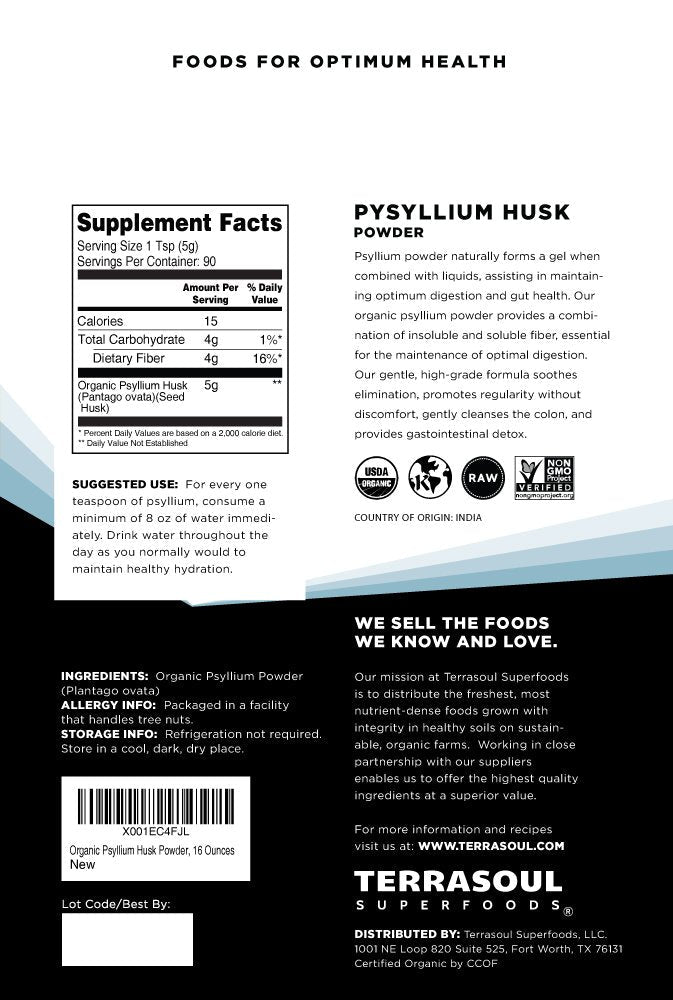 Terrasoul Superfoods Organic Psyllium Husk Powder, 1 Lb - Superfine Texture | 99% Purity | Perfect for Gluten-Free Baking | No Purple Breads - FENGGESTORE20