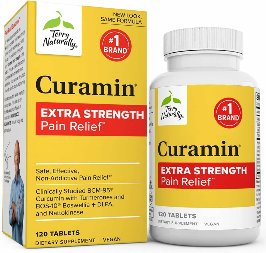 Terry Naturally Curamin Extra Strength - 120 Vegan Tablets - Non-Addictive Pain Relief Supplement with Curcumin from Turmeric - FENGGESTORE20