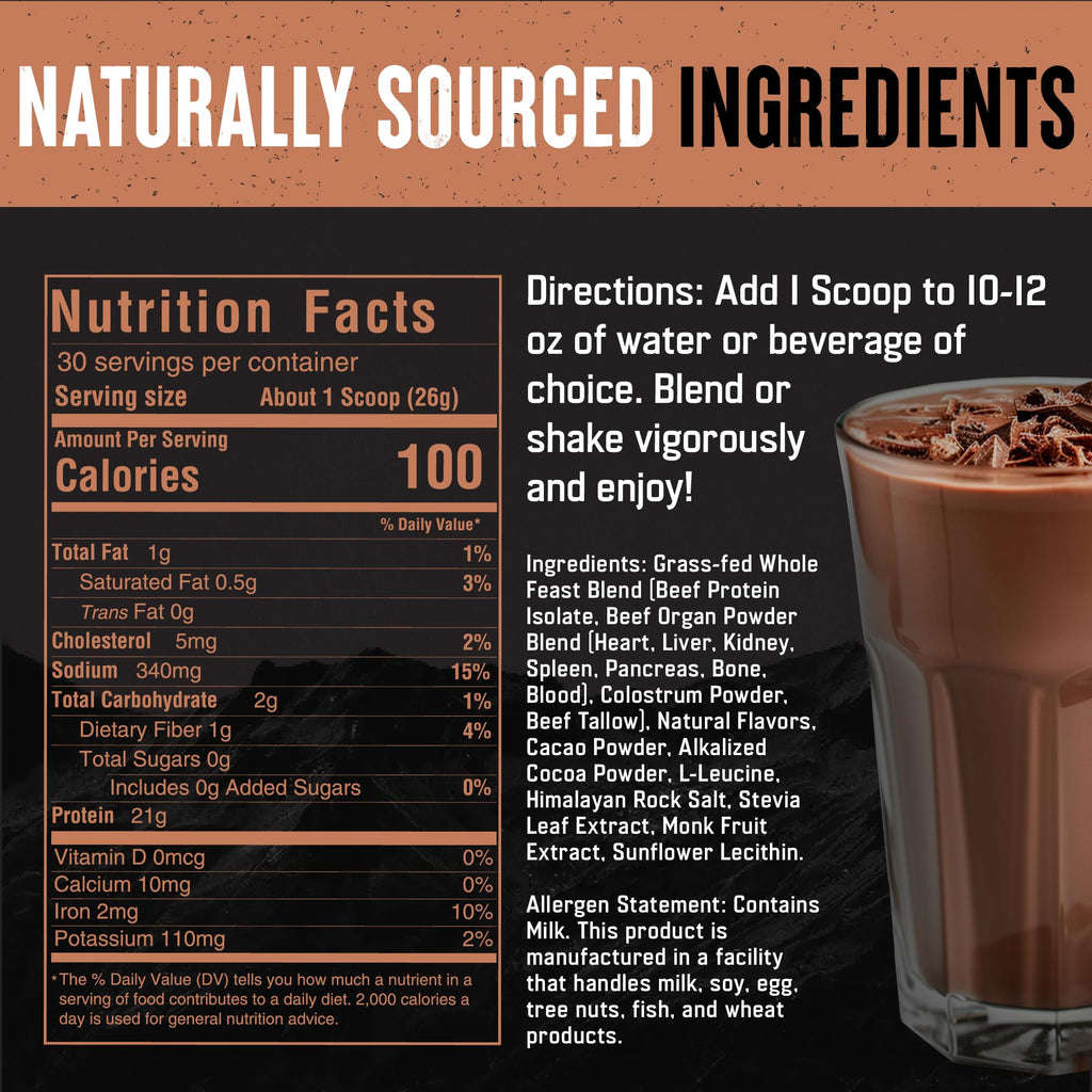 The Fittest Whole Feast Beef Protein Powder - Milk Chocolate - Grass Fed Nose to Tail Carnivore Blend Including Liver, Colostrum and Whole Bone - BCAAs - 14g Collagen, 21g Total Protein - FENGGESTORE20