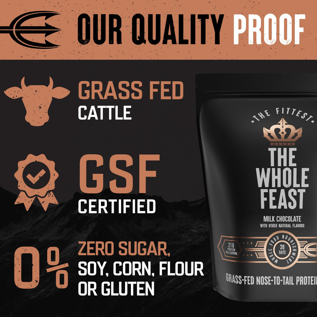 The Fittest Whole Feast Beef Protein Powder - Milk Chocolate - Grass Fed Nose to Tail Carnivore Blend Including Liver, Colostrum and Whole Bone - BCAAs - 14g Collagen, 21g Total Protein - FENGGESTORE20