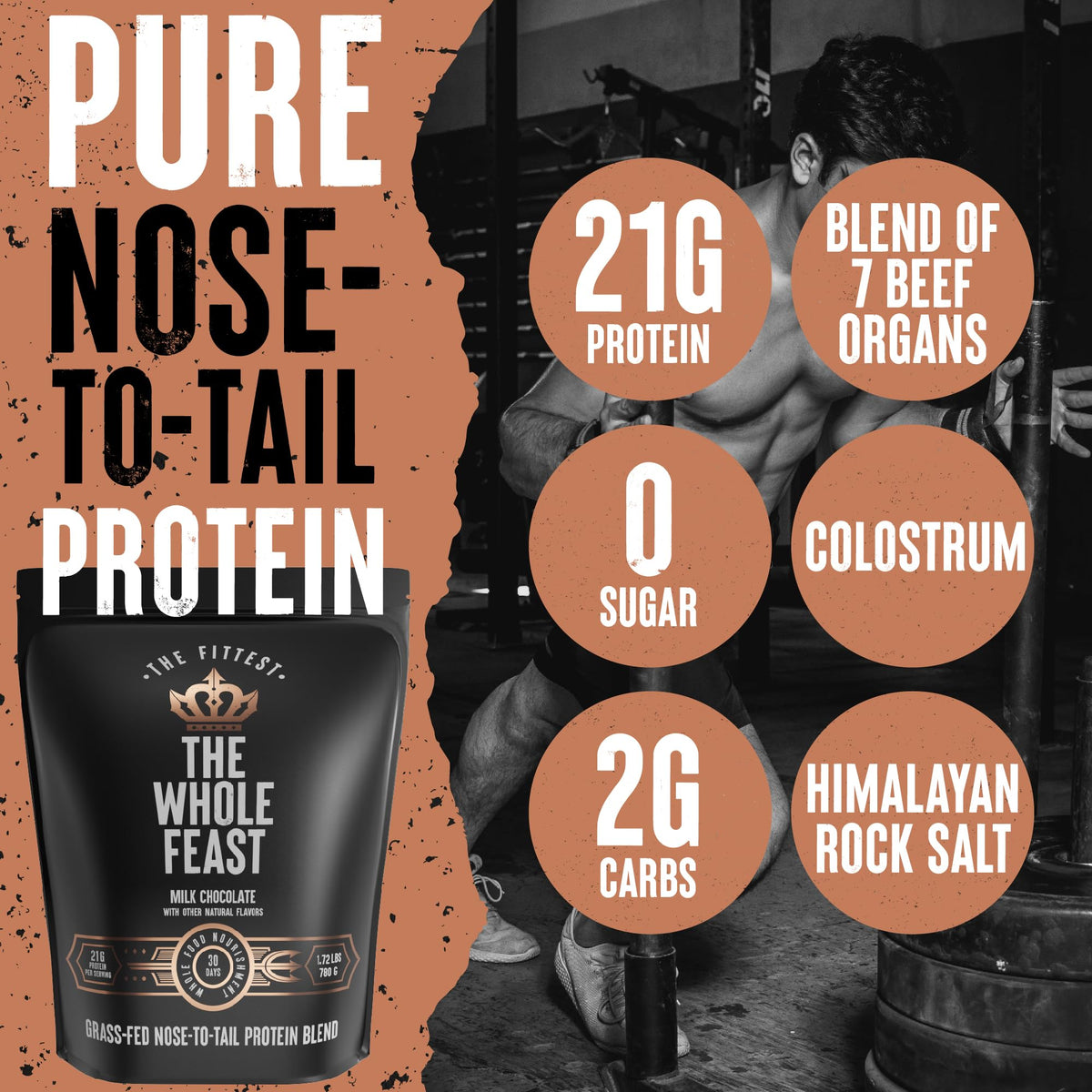 The Fittest Whole Feast Beef Protein Powder - Milk Chocolate - Grass Fed Nose to Tail Carnivore Blend Including Liver, Colostrum and Whole Bone - BCAAs - 14g Collagen, 21g Total Protein - FENGGESTORE20