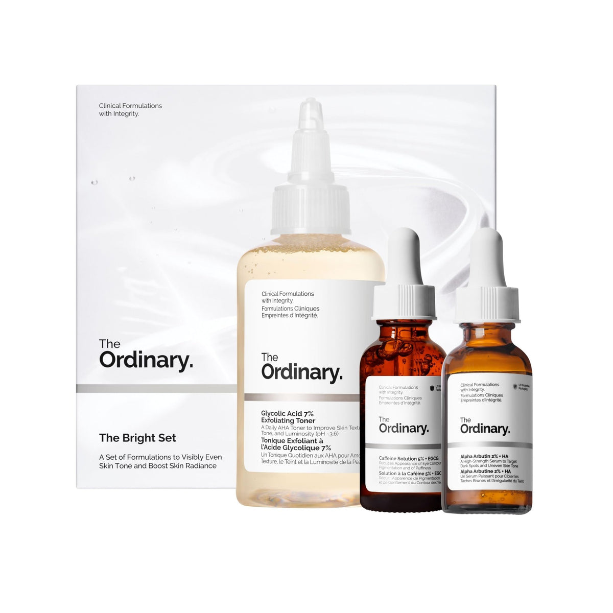 The Ordinary The Bright Set, 3-Step Regimen for Radiant, Even Skin Tone with Glycolic Acid 7% Exfoliating Toner - FENGGESTORE20