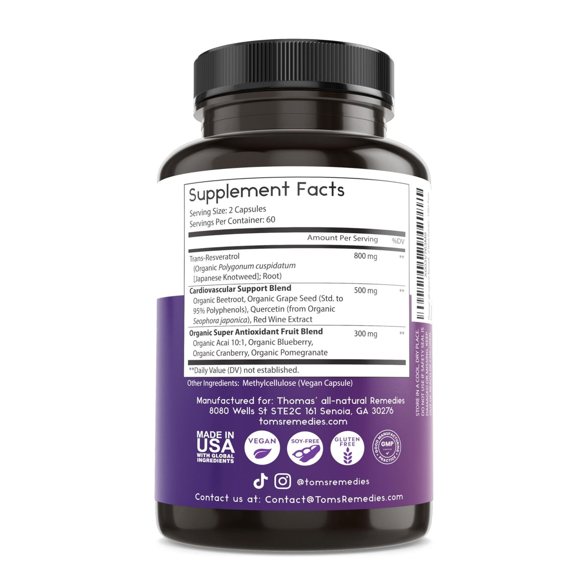 Thomas' all-natural Remedies Resveratrol 1600mg Organic Trans-Resveratrol Antioxidant Supplement with Organic Grape Seed Extract and Quercetin - FENGGESTORE20