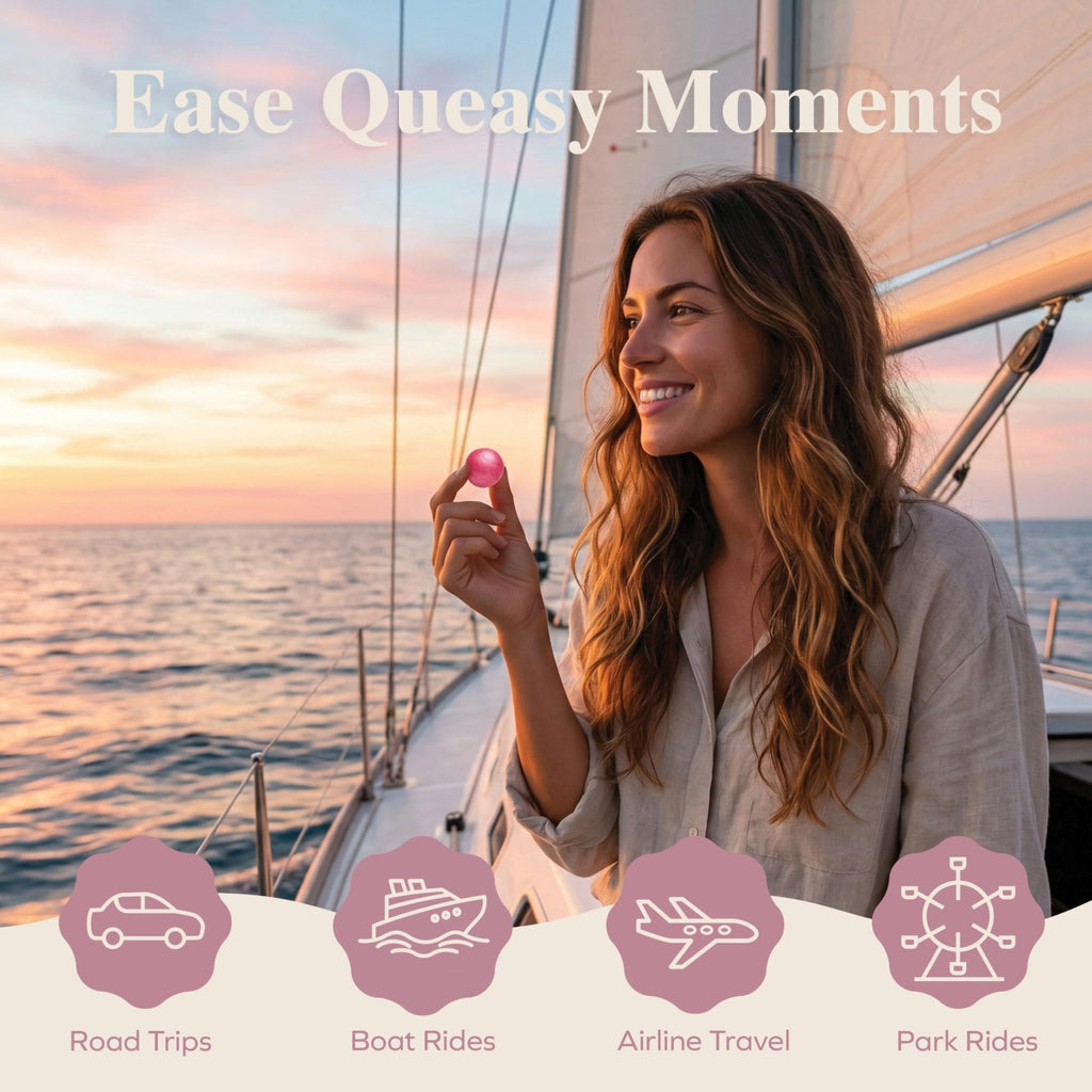 Three Lollies Queasy Drops Natural Motion Sickness Relief - Non-Drowsy Lozenges for Nausea, Upset Stomach, Car & Sea Sickness, Gluten-Free, 4 Assorted Flavors (Ginger, Cola, Peppermint, & Raspberry), 12 Count - FENGGESTORE20