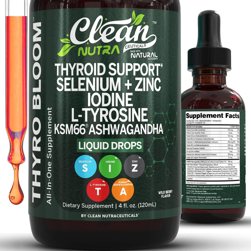 ThyroBloom Thyroid Support for Women Liquid Drops Iodine L-Tyrosine Selenium Copper Ashwagandha Zinc Kelp Bladderwrack Schisandra Guggul Turmeric Vitamin A D3 B12 - FENGGESTORE20
