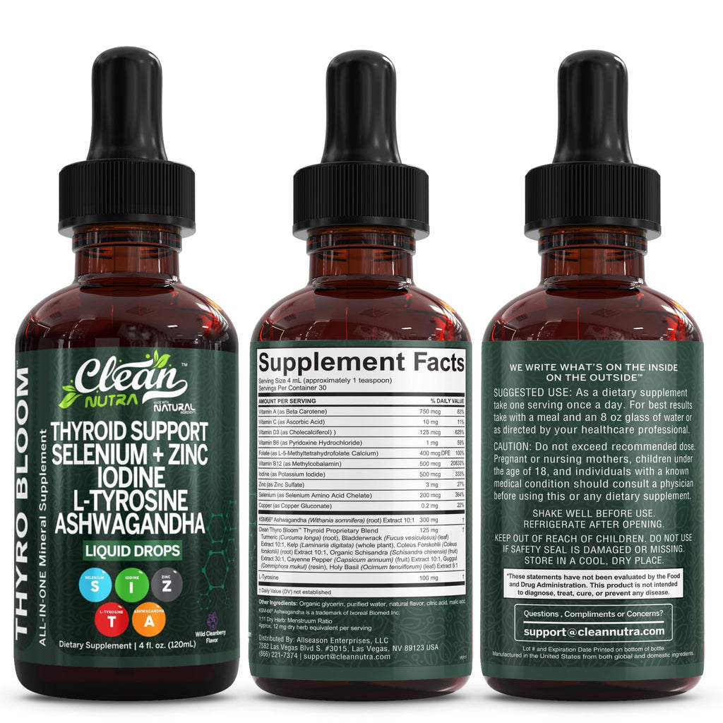 ThyroBloom Thyroid Support for Women Liquid Drops Iodine L-Tyrosine Selenium Copper Ashwagandha Zinc Kelp Bladderwrack Schisandra Guggul Turmeric Vitamin A D3 B12 - FENGGESTORE20