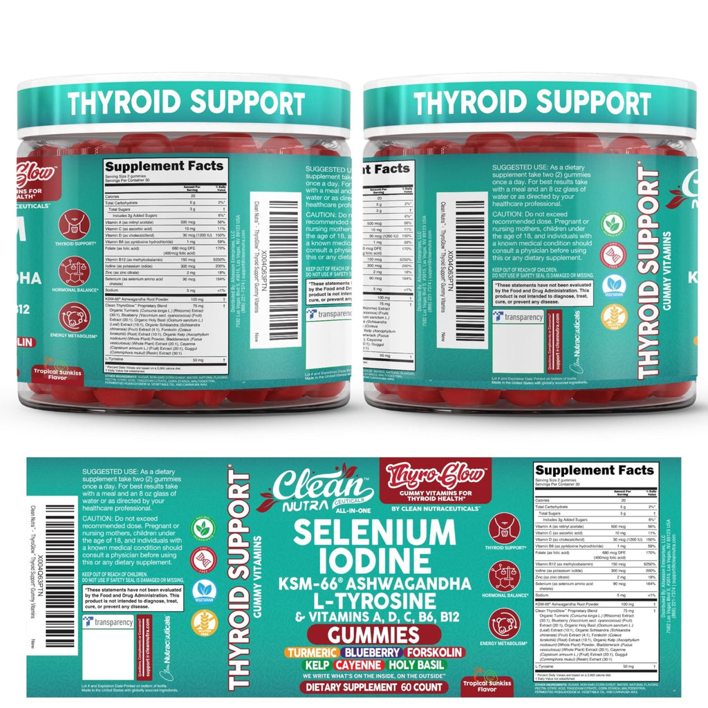 ThyroGlow Thyroid Support Gummies Selenium Iodine KSM 66 Ashwagandha L Tyrosine Vitamin D, C, B12, B6 Turmeric Blueberry Holy - FENGGESTORE20