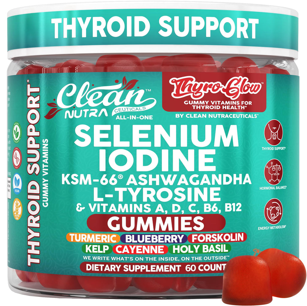 ThyroGlow Thyroid Support Gummies Selenium Iodine KSM 66 Ashwagandha L Tyrosine Vitamin D, C, B12, B6 Turmeric Blueberry Holy - FENGGESTORE20