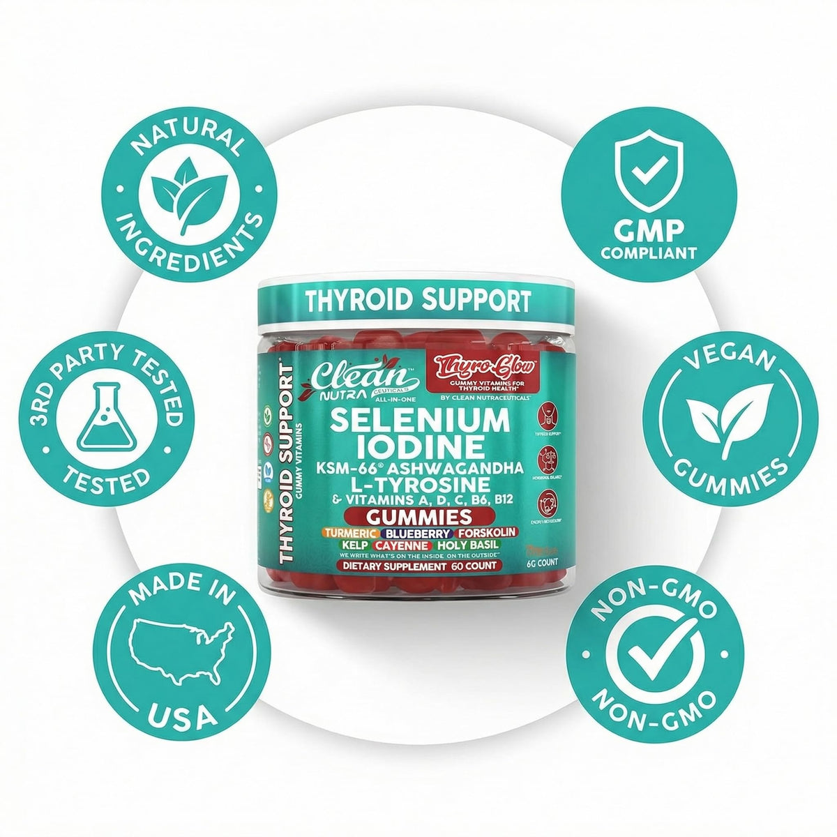 ThyroGlow Thyroid Support Gummies Selenium Iodine KSM 66 Ashwagandha L Tyrosine Vitamin D, C, B12, B6 Turmeric Blueberry Holy - FENGGESTORE20