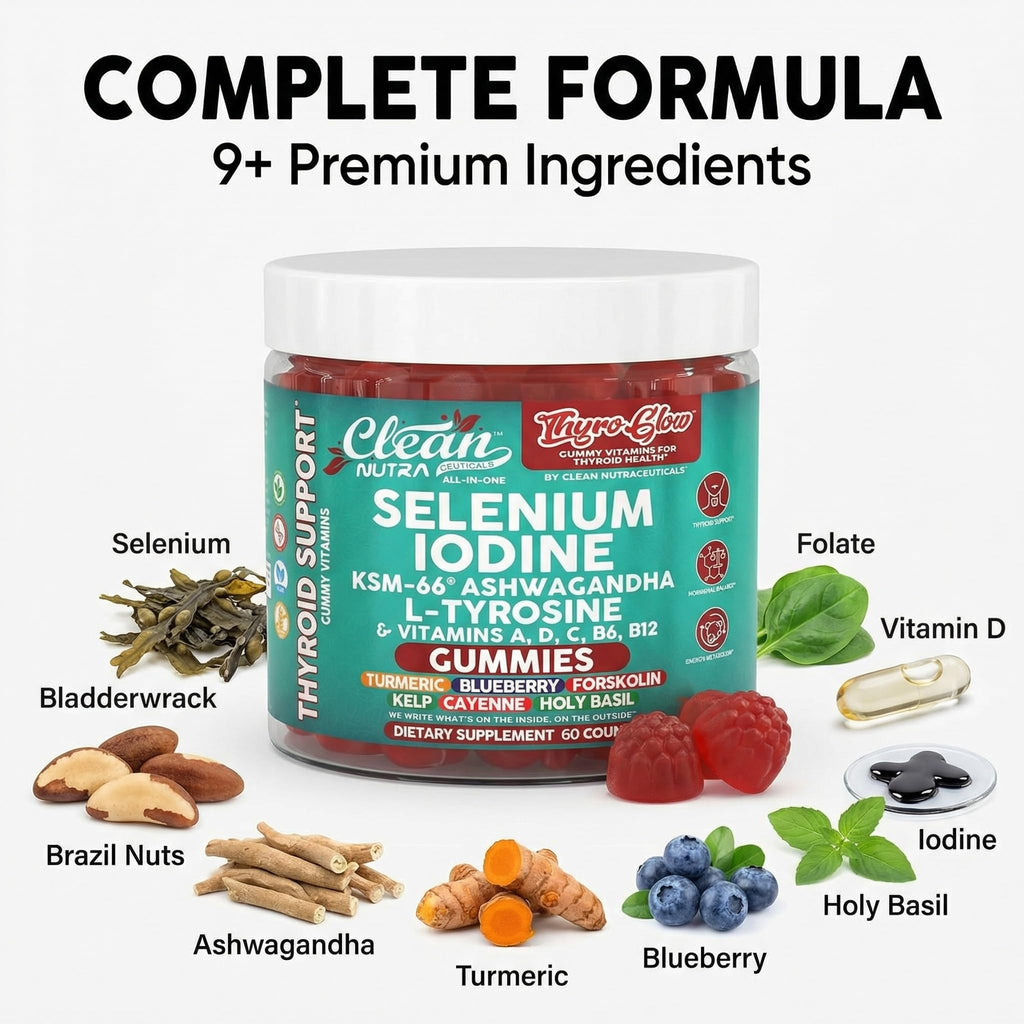 ThyroGlow Thyroid Support Gummies Selenium Iodine KSM 66 Ashwagandha L Tyrosine Vitamin D, C, B12, B6 Turmeric Blueberry Holy - FENGGESTORE20