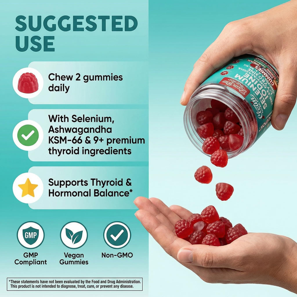 ThyroGlow Thyroid Support Gummies Selenium Iodine KSM 66 Ashwagandha L Tyrosine Vitamin D, C, B12, B6 Turmeric Blueberry Holy - FENGGESTORE20