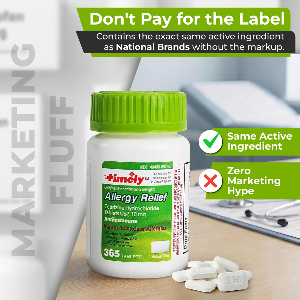 TIME-Cap Labs 365 Tablets Cetirizine HCl 10mg Allergy Relief - Antihistamine for Adults & Children Age 6+, Helps Relieve Sneezing, Runny Nose, Itchy Watery Eyes & Itchy Throat - FENGGESTORE20