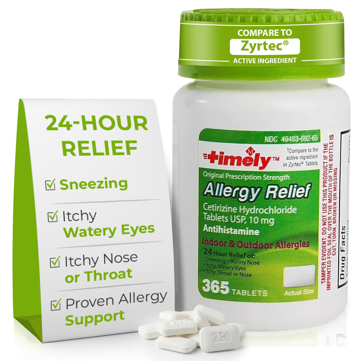 TIME-Cap Labs 365 Tablets Cetirizine HCl 10mg Allergy Relief - Antihistamine for Adults & Children Age 6+, Helps Relieve Sneezing, Runny Nose, Itchy Watery Eyes & Itchy Throat - FENGGESTORE20
