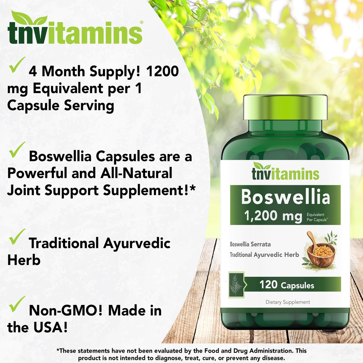 tnvitamins Boswellia Extract Capsules, 120 Count | 1,200 mg Per Capsule | 65% Boswellic Acids + 10:1 Concentrated Extract | Boswellia Serrata - FENGGESTORE20