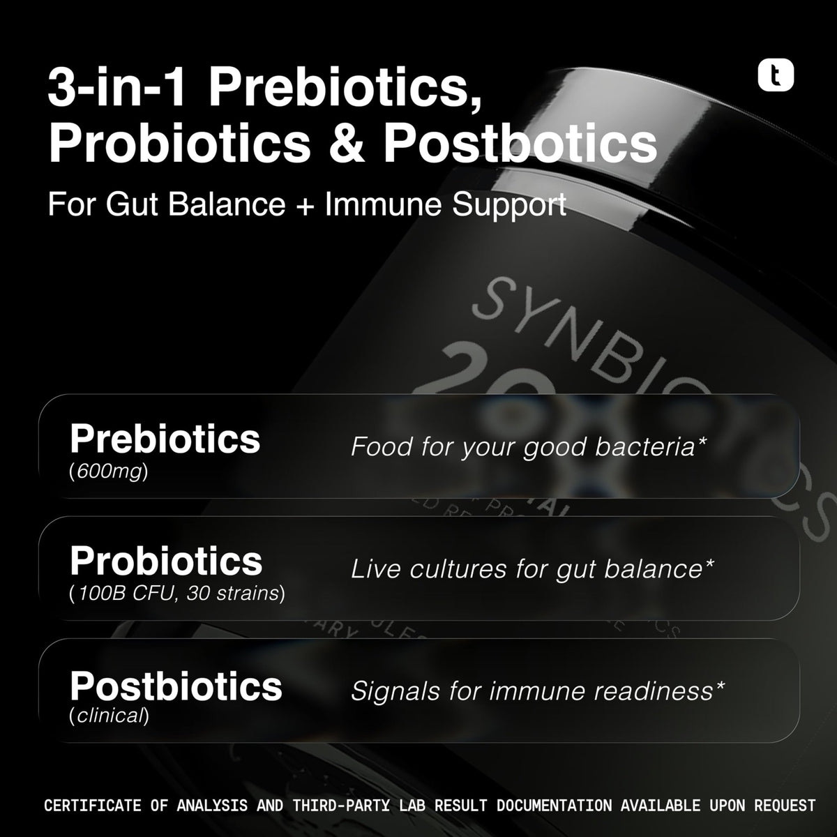 Toniiq Prebiotics and Probiotics – 200B CFU Synbiotic with Postbiotics IMMUSE® & ButyraGen® – 30 Strains for Gut & Digestive Health – Shelf-Stable - FENGGESTORE20