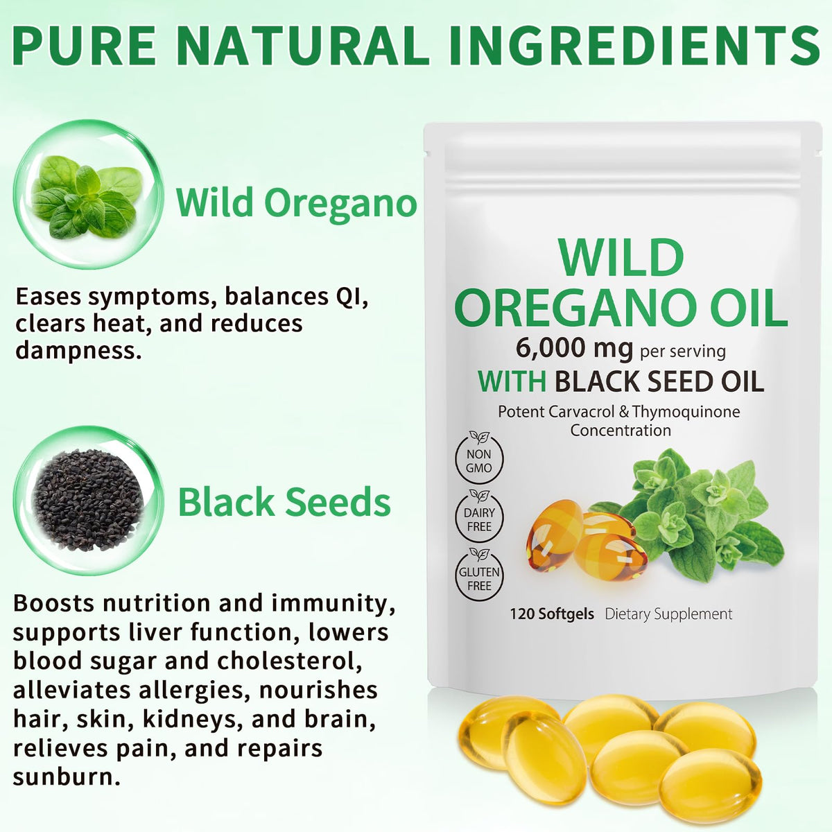 Tooffi Oil of Oregano Softgels,Oregano Oil Capsules Organic,2-in-1 6000mg Oil of Oregano with Black Seed Oil 200mg,Oregano Oil - FENGGESTORE20