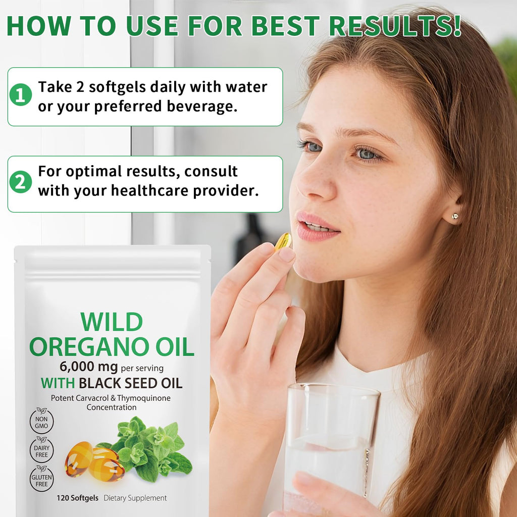 Tooffi Oil of Oregano Softgels,Oregano Oil Capsules Organic,2-in-1 6000mg Oil of Oregano with Black Seed Oil 200mg,Oregano Oil - FENGGESTORE20