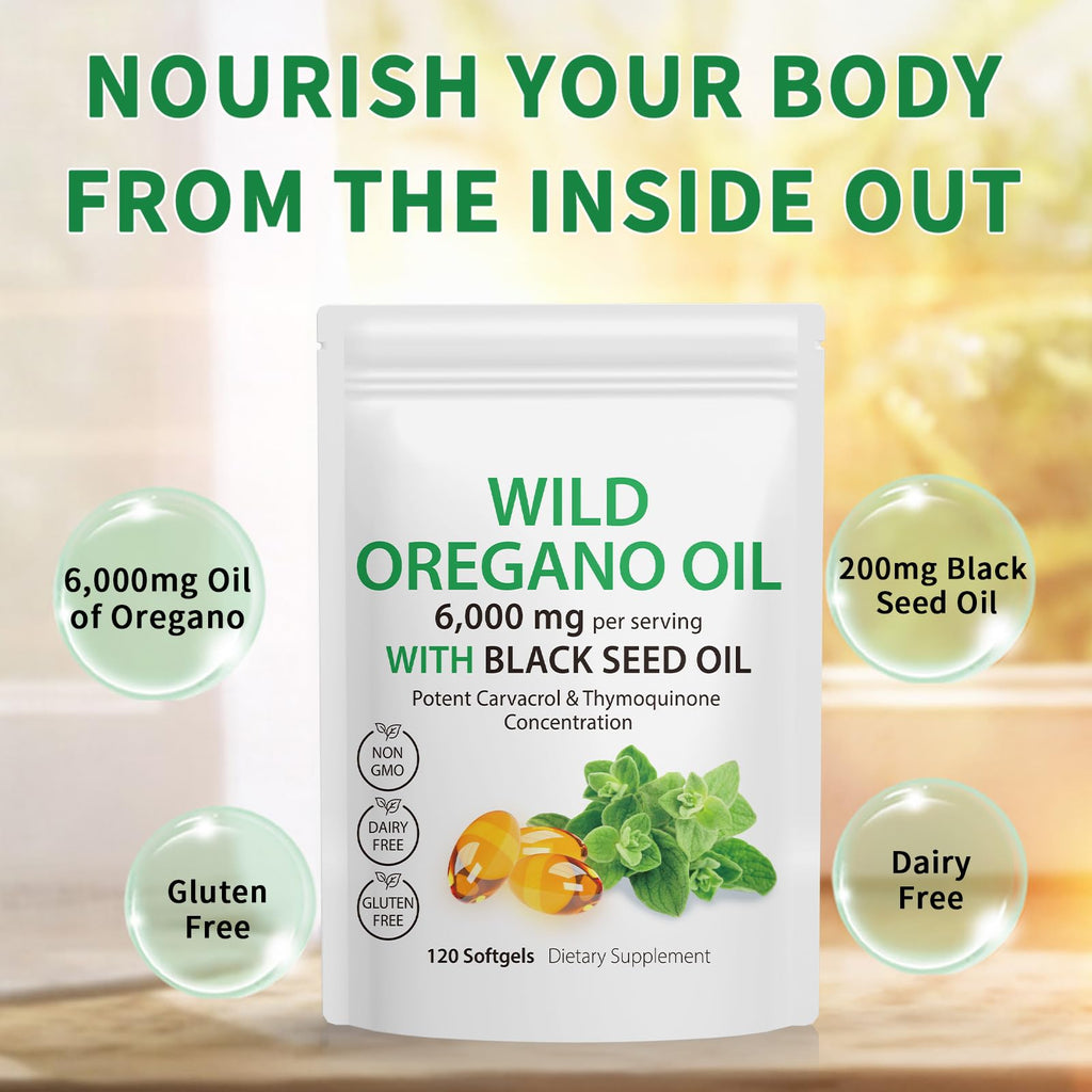 Tooffi Oil of Oregano Softgels,Oregano Oil Capsules Organic,2-in-1 6000mg Oil of Oregano with Black Seed Oil 200mg,Oregano Oil - FENGGESTORE20