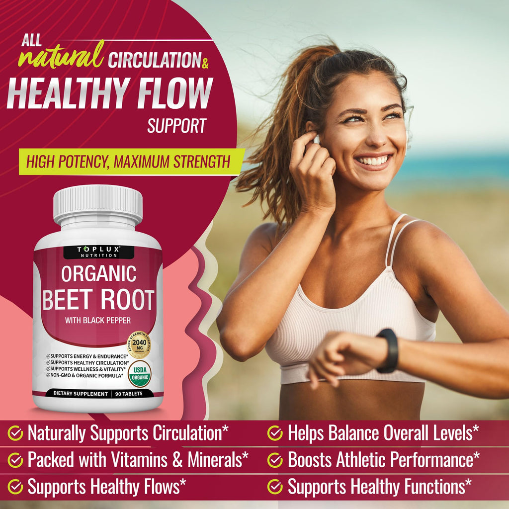 Toplux Organic Beet Root Powder Tablets - 2040mg Natural Nitric Oxide Beets to Support, Energy, Black Pepper Better Absorption, Non-GMO, for Men Women, 90 Tablets - FENGGESTORE20