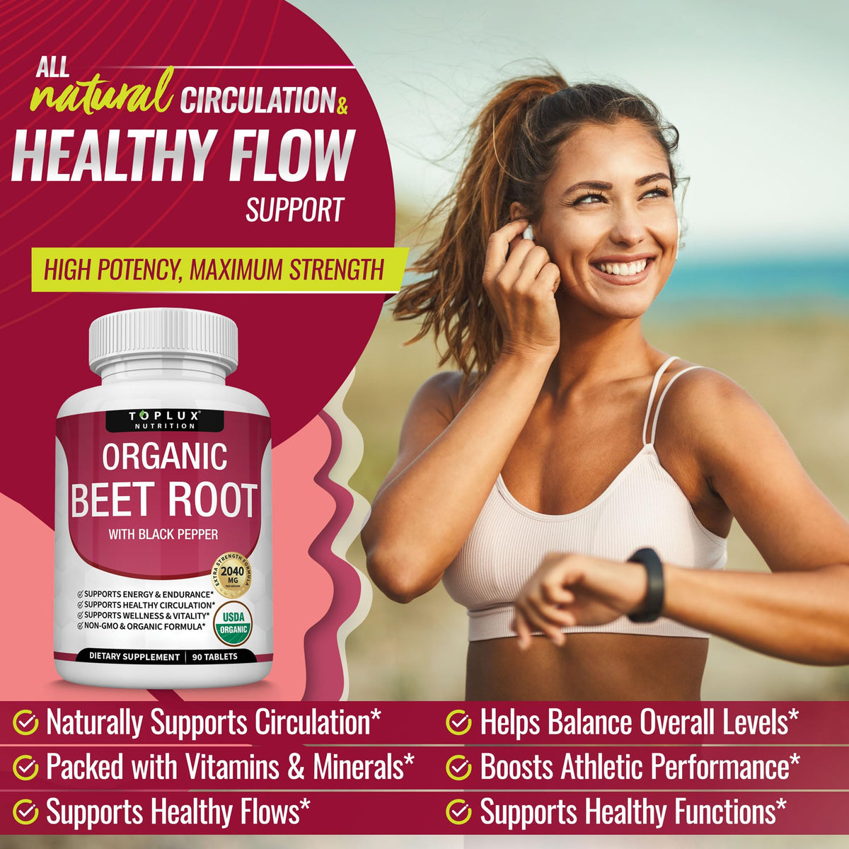 Toplux Organic Beet Root Powder Tablets - 2040mg Natural Nitric Oxide Beets to Support, Energy, Black Pepper Better Absorption, Non-GMO, for Men Women, 90 Tablets - FENGGESTORE20