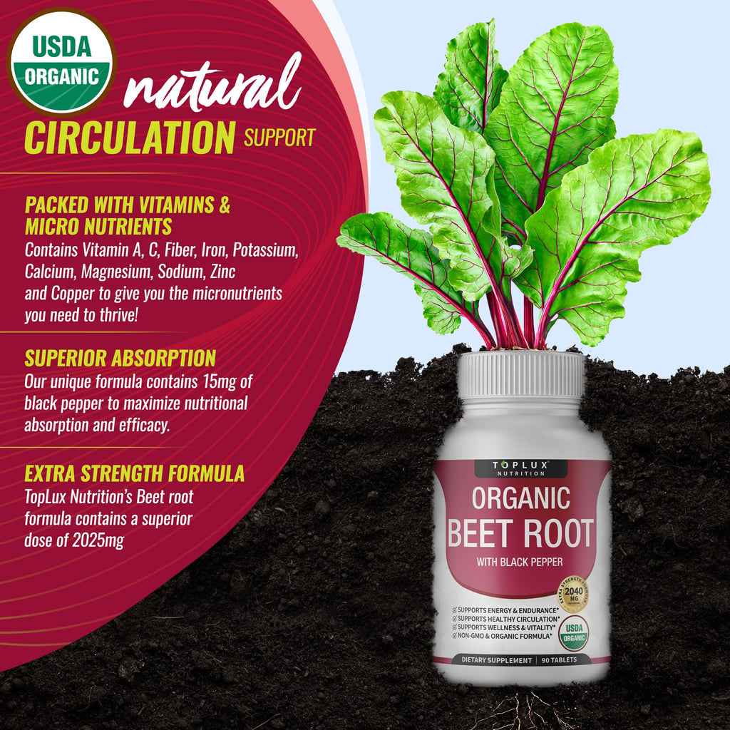 Toplux Organic Beet Root Powder Tablets - 2040mg Natural Nitric Oxide Beets to Support, Energy, Black Pepper Better Absorption, Non-GMO, for Men Women, 90 Tablets - FENGGESTORE20