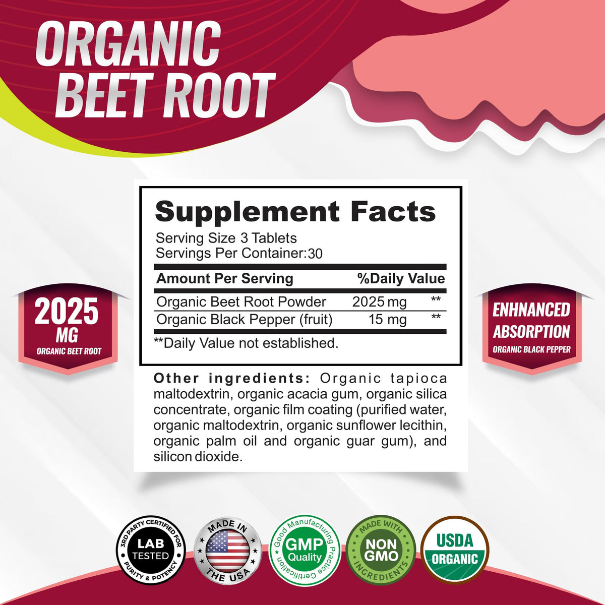 Toplux Organic Beet Root Powder Tablets - 2040mg Natural Nitric Oxide Beets to Support, Energy, Black Pepper Better Absorption, Non-GMO, for Men Women, 90 Tablets - FENGGESTORE20