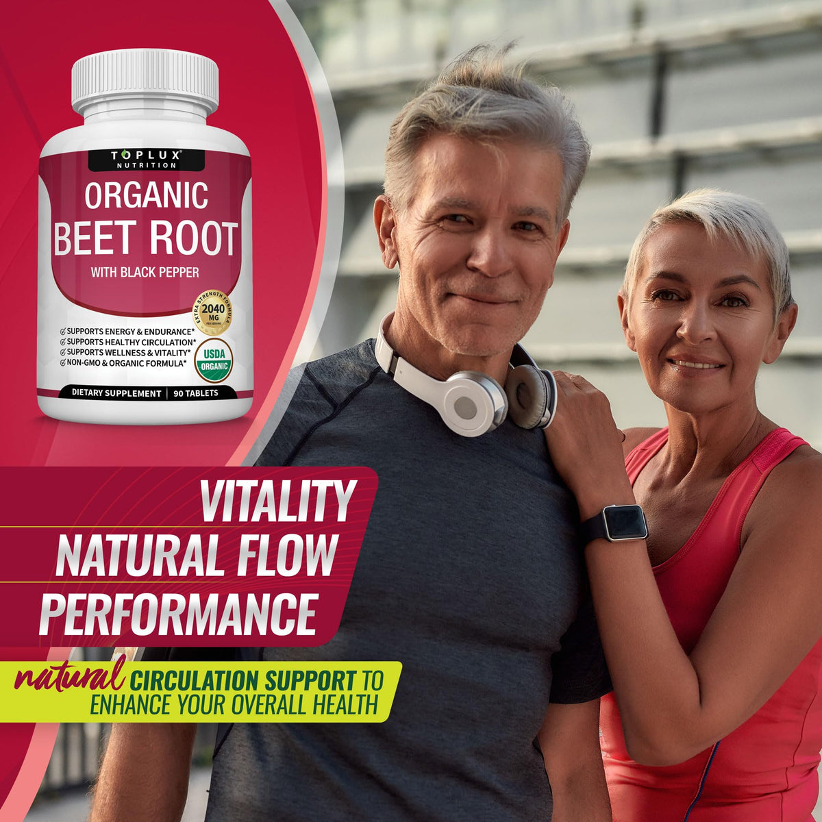 Toplux Organic Beet Root Powder Tablets - 2040mg Natural Nitric Oxide Beets to Support, Energy, Black Pepper Better Absorption, Non-GMO, for Men Women, 90 Tablets - FENGGESTORE20
