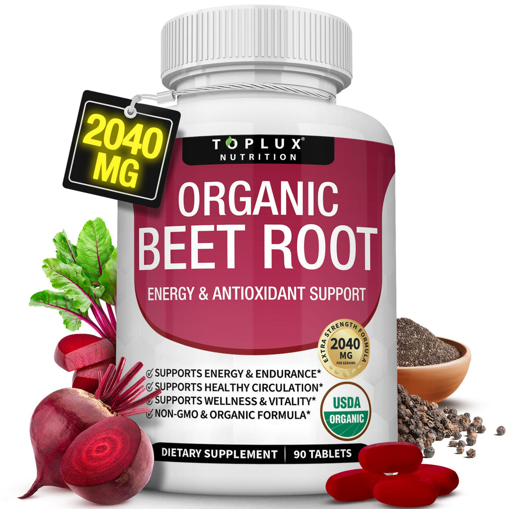 Toplux Organic Beet Root Powder Tablets - 2040mg Natural Nitric Oxide Beets to Support, Energy, Black Pepper Better Absorption, Non-GMO, for Men Women, 90 Tablets - FENGGESTORE20