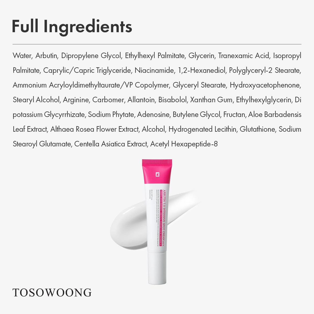 TOSOWOONG Arbutin 7% Intensive Spot Cream with 70,000ppm Arbutin, 3% Tranexamic Acid, 1% Niacinamide, Glutathione, Dark Spots - FENGGESTORE20