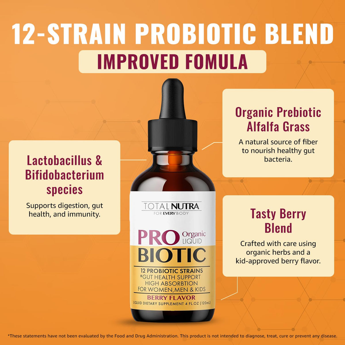 Total Nutra USDA Organic Liquid Probiotic for Kids, Women & Men, Toddler Probiotic Drops with Alfalfa Prebiotic Blend + Acidophilus for Gut Health, Vegan - FENGGESTORE20