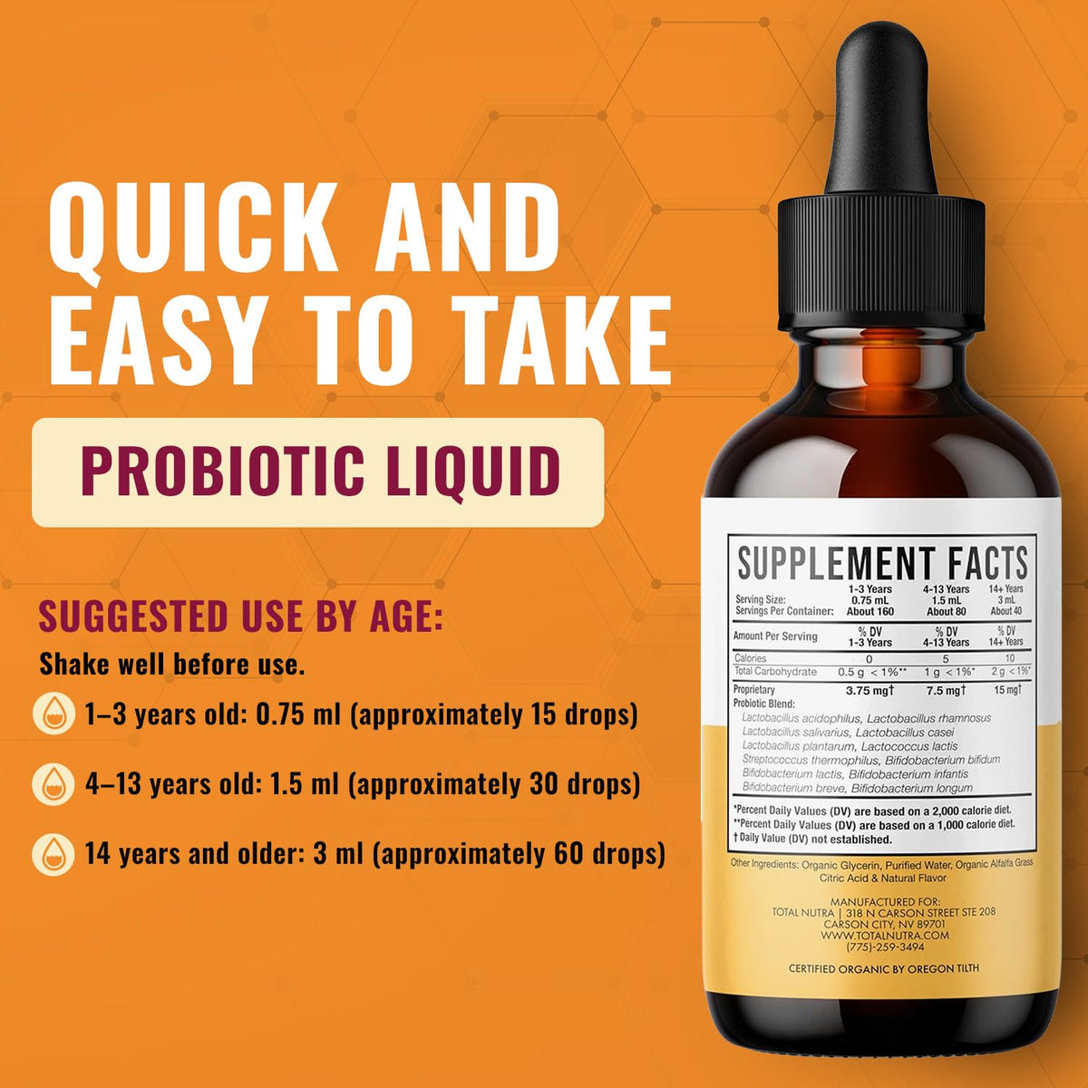 Total Nutra USDA Organic Liquid Probiotic for Kids, Women & Men, Toddler Probiotic Drops with Alfalfa Prebiotic Blend + Acidophilus for Gut Health, Vegan - FENGGESTORE20