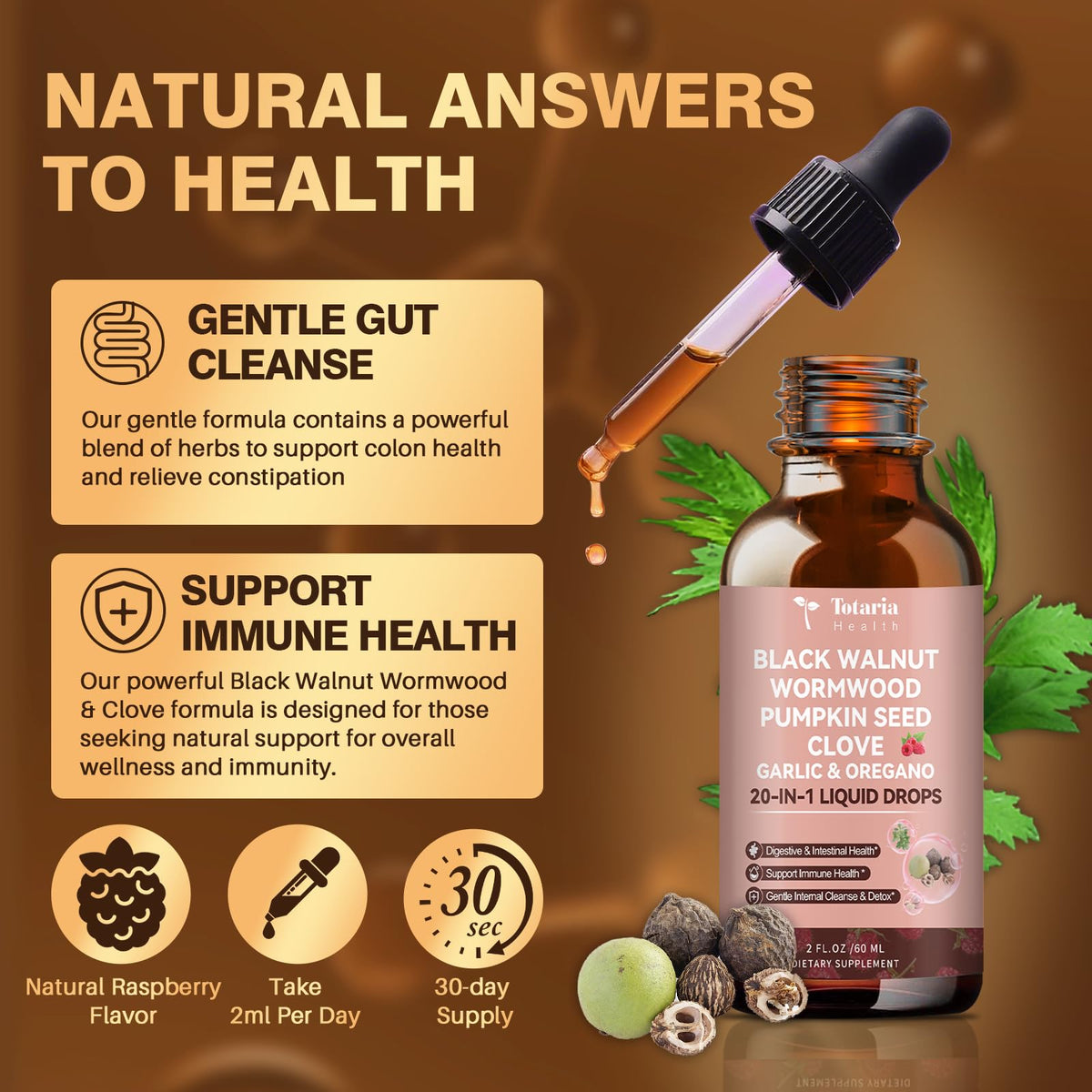 Totaria 20 in 1 Black Walnut Wormwood Tincture - Clove,Pumpkin Seed,Garlic,Oregano - FENGGESTORE20