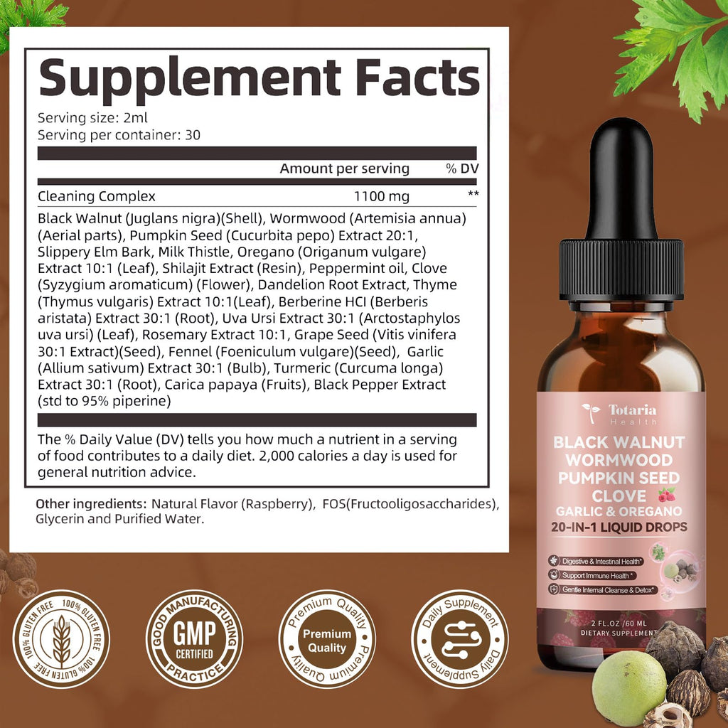 Totaria 20 in 1 Black Walnut Wormwood Tincture - Clove,Pumpkin Seed,Garlic,Oregano - FENGGESTORE20