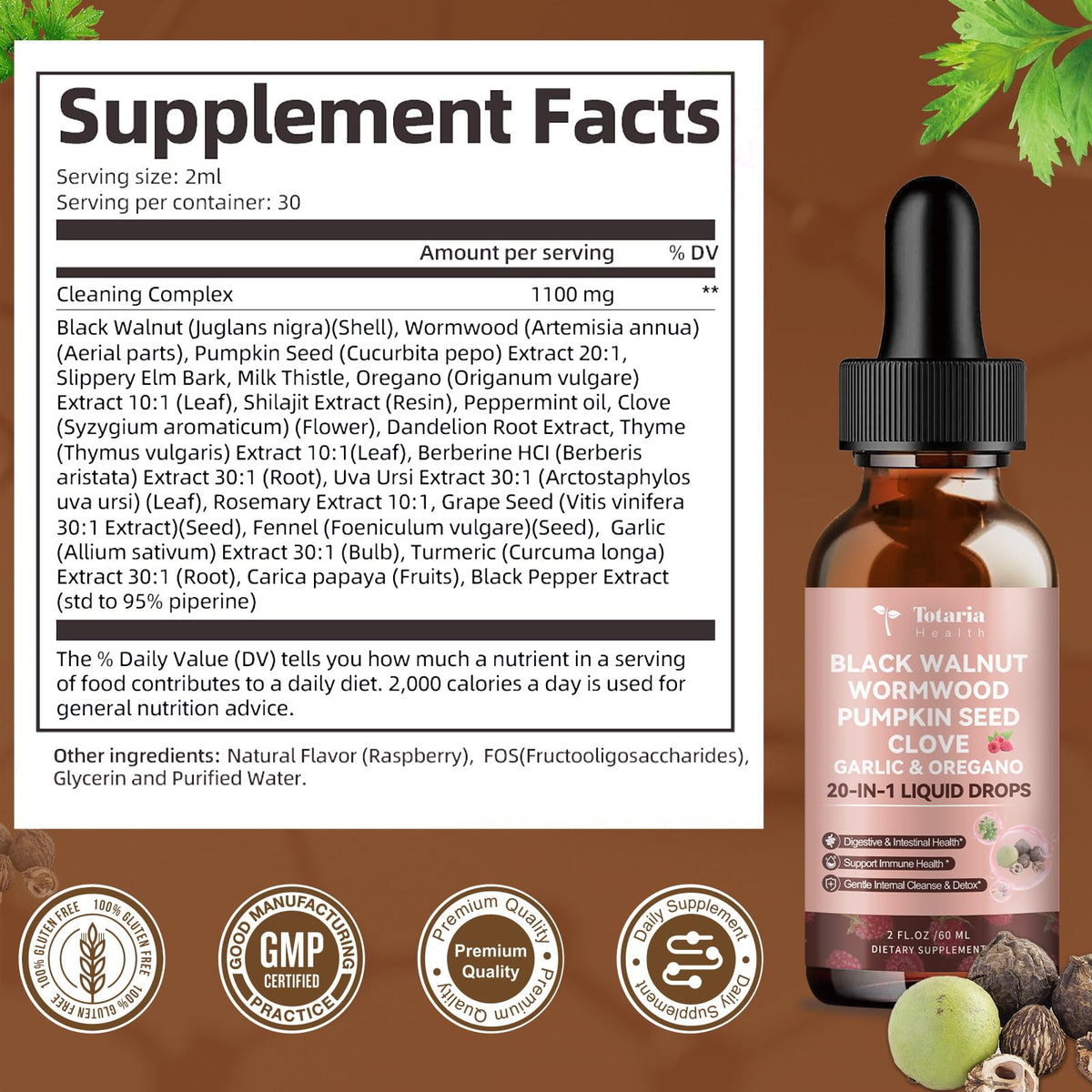 Totaria 20 in 1 Black Walnut Wormwood Tincture - Clove,Pumpkin Seed,Garlic,Oregano - FENGGESTORE20