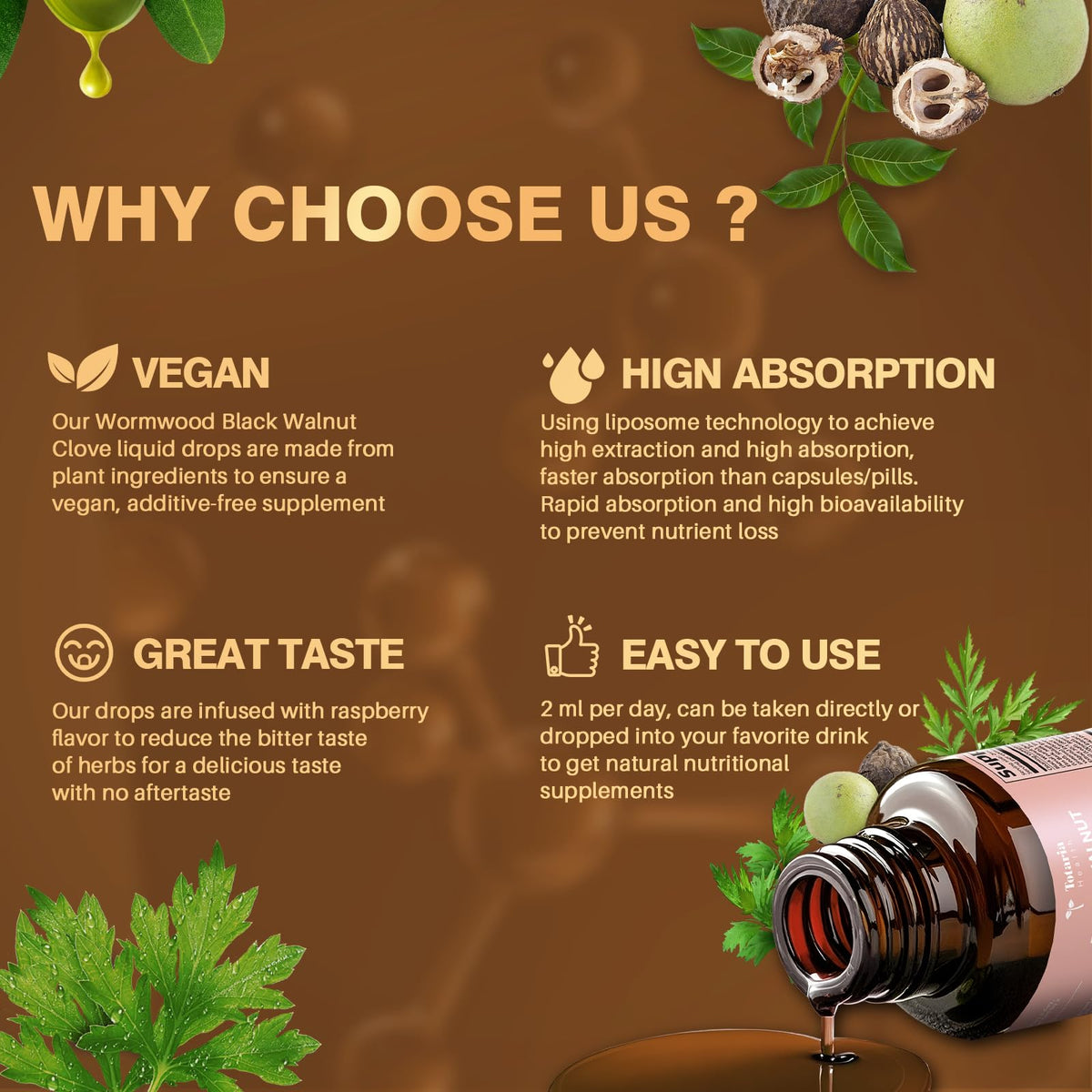 Totaria 20 in 1 Black Walnut Wormwood Tincture - Clove,Pumpkin Seed,Garlic,Oregano - FENGGESTORE20