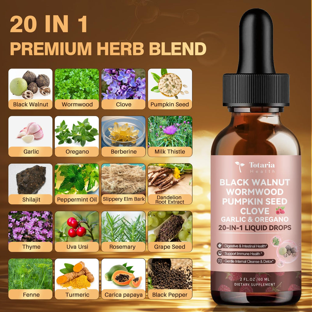 Totaria 20 in 1 Black Walnut Wormwood Tincture - Clove,Pumpkin Seed,Garlic,Oregano - FENGGESTORE20