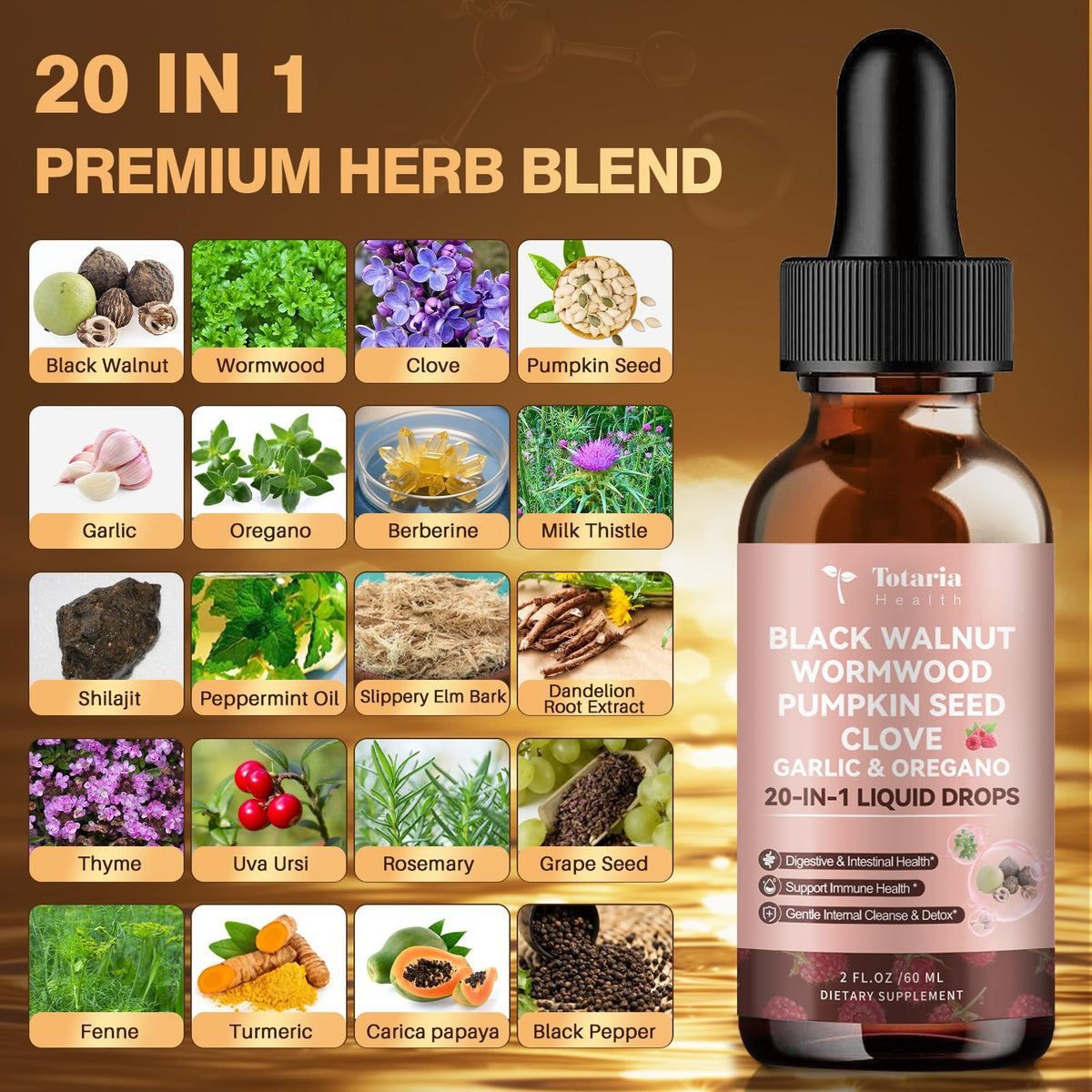Totaria 20 in 1 Black Walnut Wormwood Tincture - Clove,Pumpkin Seed,Garlic,Oregano - FENGGESTORE20