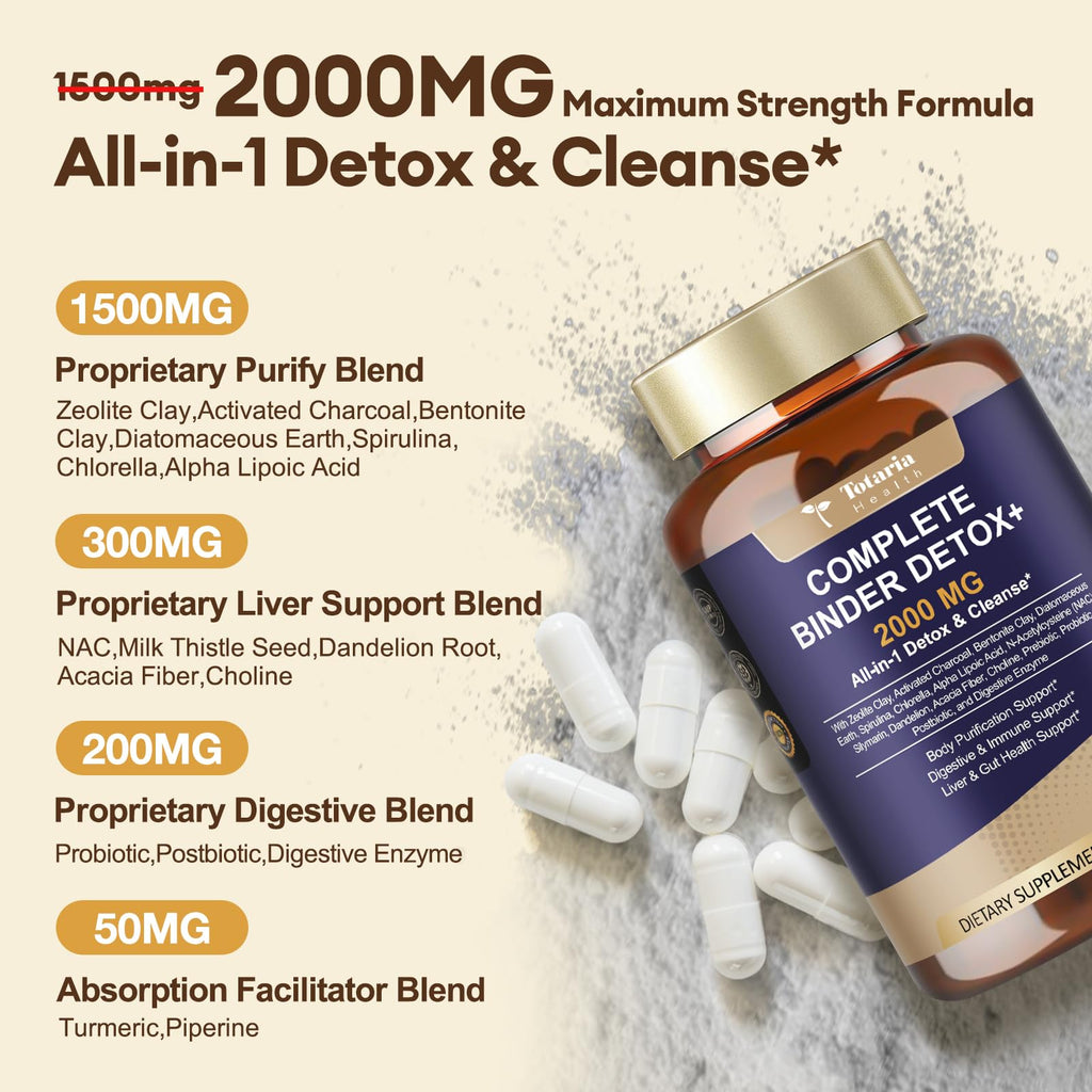 Totaria 2000MG All-in-1 Detox Binder, Activated Charcoal, Zeolite, Bentonite Clay, Alpha Lipoic Acid, 7-Layer Detox & Cleanse Supplement - FENGGESTORE20