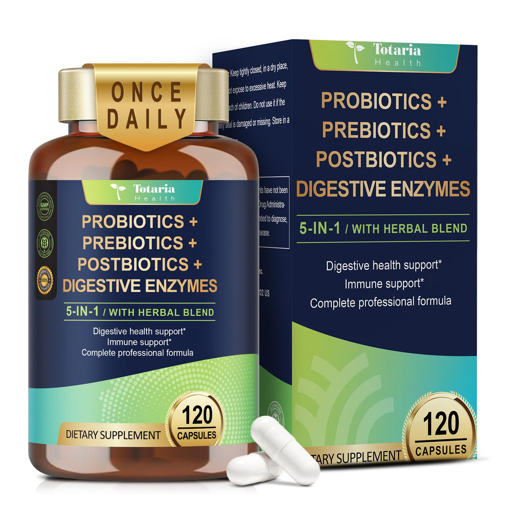 Totaria 5-in-1 60 Billion CFU Probiotic Prebiotic & Postbiotic for Women & Men, w/Digestive Enzymes, Slippery Elm, Daily Complete Gut Health, - FENGGESTORE20